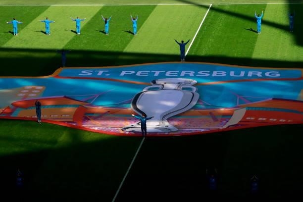 Saint Petersburg banner is displayed on the pitch prior to the UEFA Euro 2020 Championship Group B match between Finland and Russia at Saint...