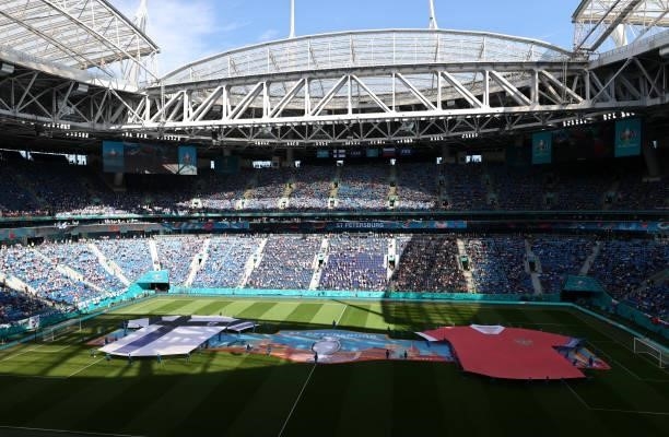 General view inside the stadium as large replica shirts of Finland and Russia are displayed on the pitch prior to the UEFA Euro 2020 Championship...