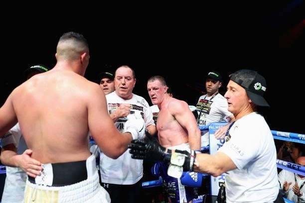 Justis Huni shakes hands with Paul Gallen after winning their Australian heavyweight title fight at ICC Sydney on June 16, 2021 in Sydney, Australia.