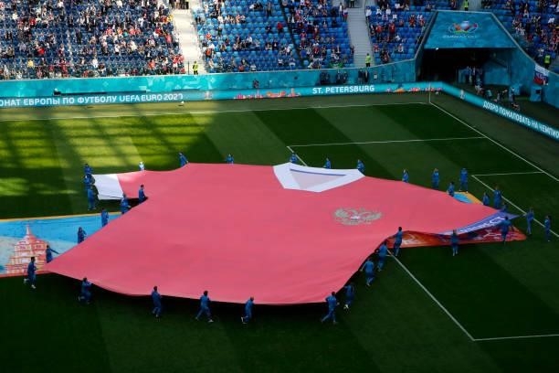 Large replica shirt Russia is displayed on the pitch prior to the UEFA Euro 2020 Championship Group B match between Finland and Russia at Saint...