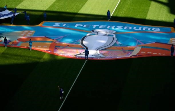Saint Petersburg banner is displayed on the pitch prior to the UEFA Euro 2020 Championship Group B match between Finland and Russia at Saint...