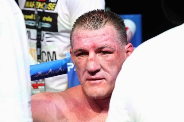 Paul Gallen sits in his corner after losing to Justis Huni in their Australian heavyweight title fight at ICC Sydney on June 16, 2021 in Sydney,...