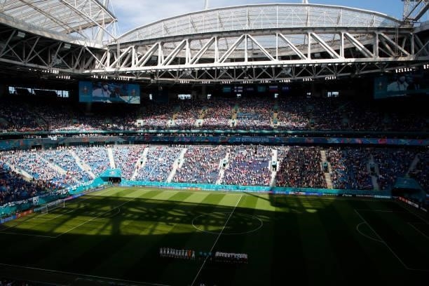 General view inside the stadium as both teams stand for the national anthems prior to the UEFA Euro 2020 Championship Group B match between Finland...