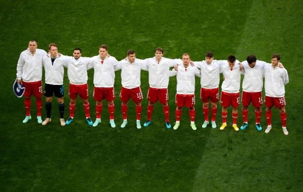 Players of Russia stand for the national anthem prior to the UEFA Euro 2020 Championship Group B match between Finland and Russia at Saint Petersburg...