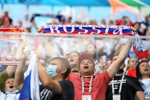 Russia fans raise scarves as they show their support prior to the UEFA Euro 2020 Championship Group B match between Finland and Russia at Saint...