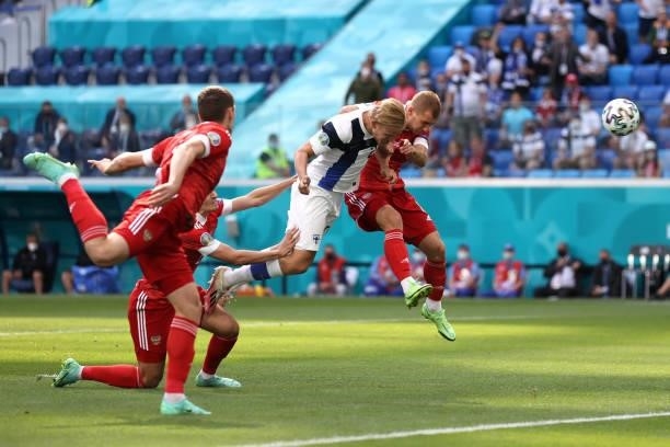 Joel Pohjanpalo of Finland scores a goal that was later disallowed by VAR for offside during the UEFA Euro 2020 Championship Group B match between...