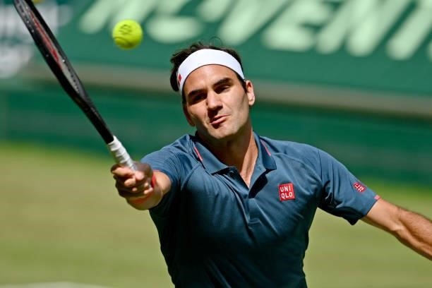 Roger Federer of Switzerland plays a forehand in his match against Felix Auger-Aliassime of Canada during day 5 of the Noventi Open at OWL-Arena on...