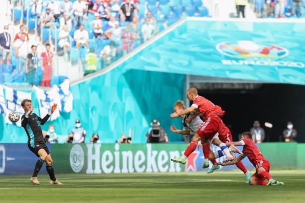 Joel Pohjanpalo of Finland scores a goal past Matvei Safonov of Russia that was later disallowed by VAR for offside during the UEFA Euro 2020...