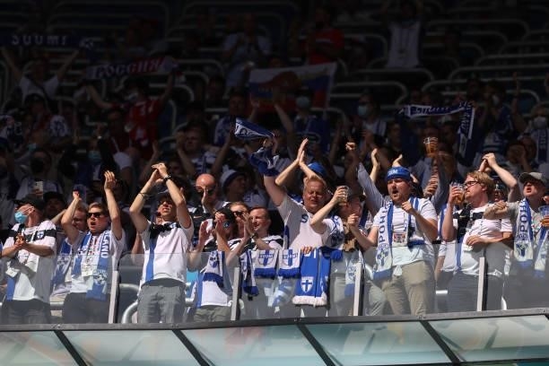 Finland fans show their support during the UEFA Euro 2020 Championship Group B match between Finland and Russia at Saint Petersburg Stadium on June...
