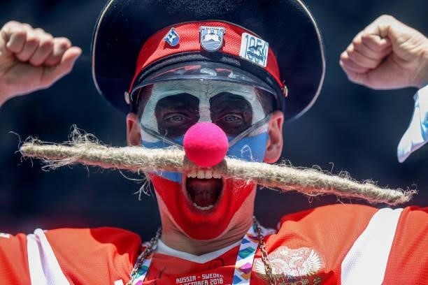 Russia fan shows their support prior to the UEFA Euro 2020 Championship Group B match between Finland and Russia at Saint Petersburg Stadium on June...