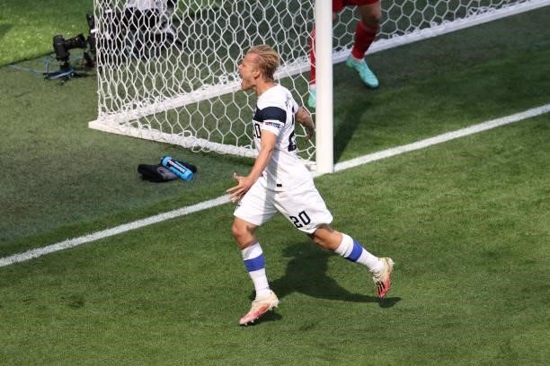 Joel Pohjanpalo of Finland celebrates a goal which is later disallowed by VAR for offside during the UEFA Euro 2020 Championship Group B match...