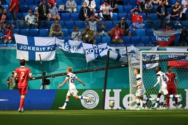 Joel Pohjanpalo of Finland celebrates a goal which is later disallowed by VAR for offside during the UEFA Euro 2020 Championship Group B match...