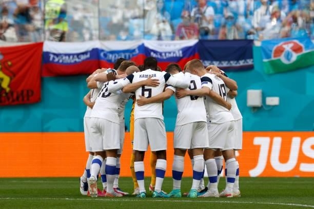 Players of Finland form a huddle prior to the UEFA Euro 2020 Championship Group B match between Finland and Russia at Saint Petersburg Stadium on...