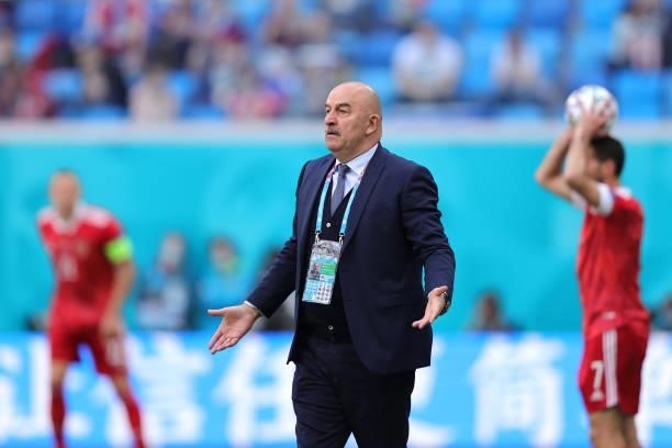 Stanislav Cherchesov, Head Coach of Russia reacts during the UEFA Euro 2020 Championship Group B match between Finland and Russia at Saint Petersburg...