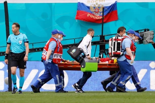Mario Fernandes of Russia is stretchered off after suffering an injury during the UEFA Euro 2020 Championship Group B match between Finland and...
