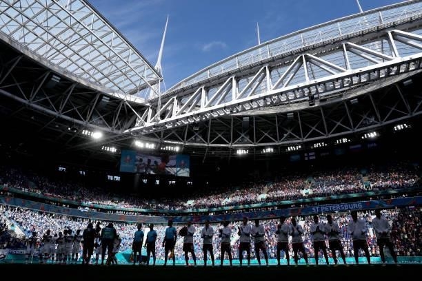 General view inside the stadium as both teams stand for the national anthems prior to the UEFA Euro 2020 Championship Group B match between Finland...