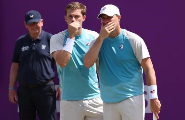 Ken Skupski of Great Britain and Neal Skupski of Great Britain reacts during there Round of 16 match against Reilly Opelka of USA and John Peers of...