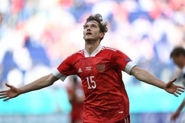 Aleksei Miranchuk of Russia celebrates after scoring their side's first goal during the UEFA Euro 2020 Championship Group B match between Finland and...