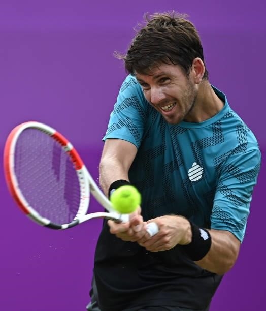 Cameron Norrie of Great Britain plays a backhand during his Round of 16 match against Aslan Karatsev of Russia during Day 3 of The cinch...