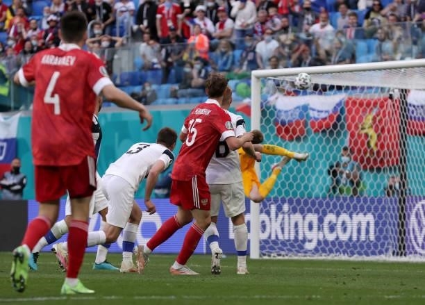 Aleksei Miranchuk of Russia scores their side's first goal during the UEFA Euro 2020 Championship Group B match between Finland and Russia at Saint...