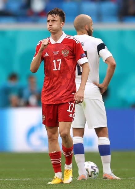 Aleksandr Golovin of Russia celebrates their side's first goal scored by team mate Aleksei Miranchuk during the UEFA Euro 2020 Championship Group B...
