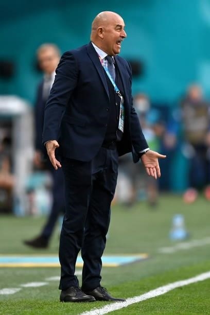 Stanislav Cherchesov, Head Coach of Russia reacts during the UEFA Euro 2020 Championship Group B match between Finland and Russia at Saint Petersburg...