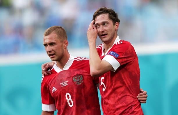 Aleksei Miranchuk of Russia celebrates with Dmitri Barinov after scoring their side's first goal during the UEFA Euro 2020 Championship Group B match...