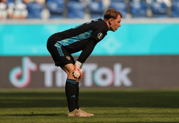 Matvei Safonov of Russia looks on during the UEFA Euro 2020 Championship Group B match between Finland and Russia at Saint Petersburg Stadium on June...