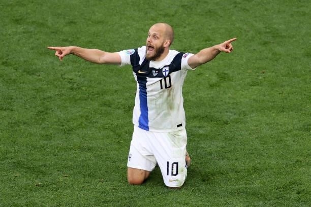 Teemu Pukki of Finland reacts during the UEFA Euro 2020 Championship Group B match between Finland and Russia at Saint Petersburg Stadium on June 16,...