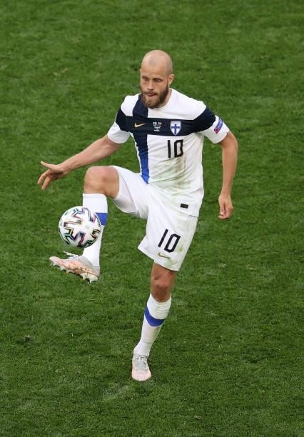 Teemu Pukki of Finland controls the ball during the UEFA Euro 2020 Championship Group B match between Finland and Russia at Saint Petersburg Stadium...