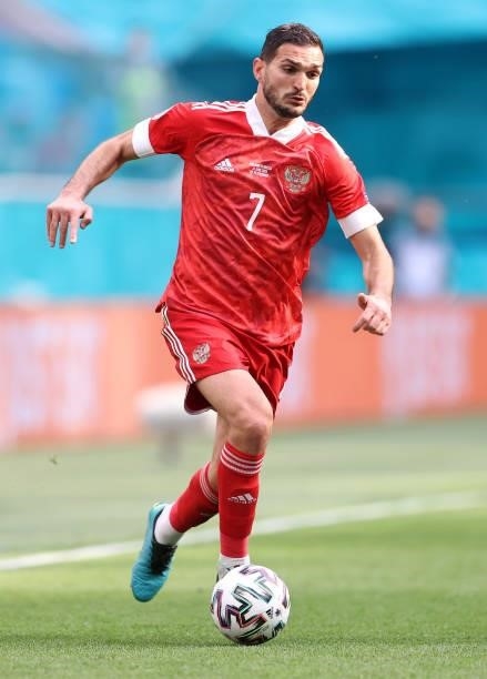 Magomed Ozdoev of Russia runs with the ball during the UEFA Euro 2020 Championship Group B match between Finland and Russia at Saint Petersburg...