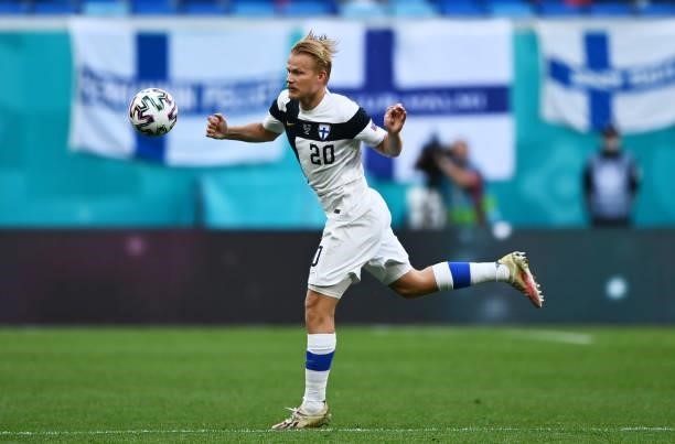 Joel Pohjanpalo of Finland in action during the UEFA Euro 2020 Championship Group B match between Finland and Russia at Saint Petersburg Stadium on...