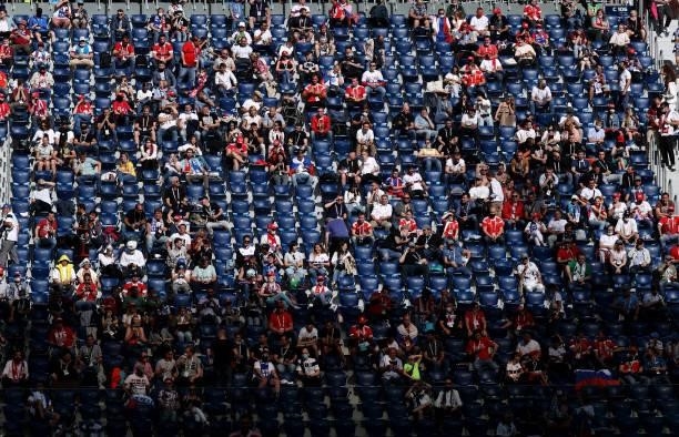 Fans of Russia watch on from the stand during the UEFA Euro 2020 Championship Group B match between Finland and Russia at Saint Petersburg Stadium on...