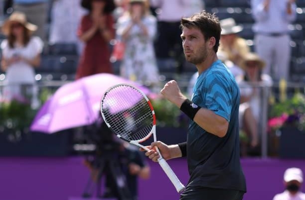 Cameron Norrie of Great Britain celebrates match point during his Round of 16 match against Aslan Karatsev of Russia during Day 3 of The cinch...