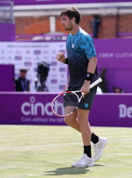 Cameron Norrie of Great Britain celebrates match point during his Round of 16 match against Aslan Karatsev of Russia during Day 3 of The cinch...