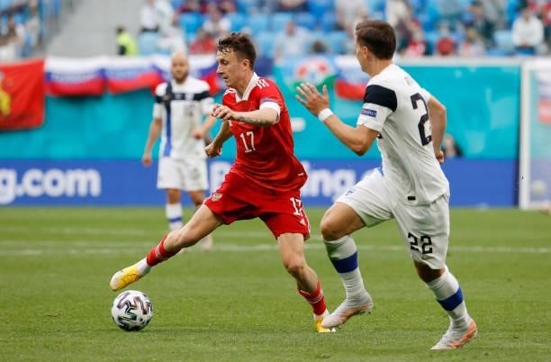 Aleksandr Golovin of Russia on the ball during the UEFA Euro 2020 Championship Group B match between Finland and Russia at Saint Petersburg Stadium...
