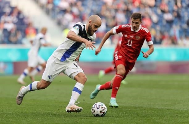 Teemu Pukki of Finland runs with the ball during the UEFA Euro 2020 Championship Group B match between Finland and Russia at Saint Petersburg Stadium...