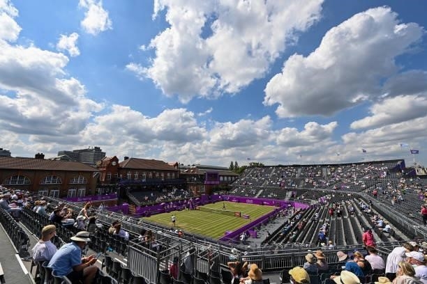 General view of Centre Court as fans observe social distancing as they watch the Round of 16 match against Alexander Bublik of Kazakhstani and Jack...
