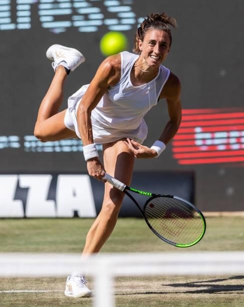 Petra Martic of Croatia serves against Belinda Bencic of Switzerland in the women's singles second round match during day 5 of the bett1open at LTTC...