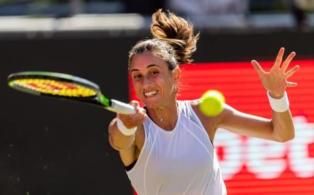 Petra Martic of Croatia hits a forehand against Belinda Bencic of Switzerland in the women's singles second round match during day 5 of the bett1open...