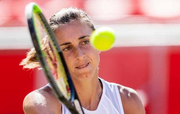 Petra Martic of Croatia plays a forehand against Belinda Bencic of Switzerland in the women's singles second round match during day 5 of the...