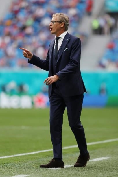 Markku Kanerva, Head Coach of Finland gestures during the UEFA Euro 2020 Championship Group B match between Finland and Russia at Saint Petersburg...