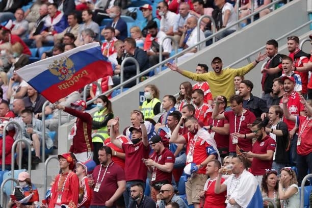 Fans of Russia show their support during the UEFA Euro 2020 Championship Group B match between Finland and Russia at Saint Petersburg Stadium on June...