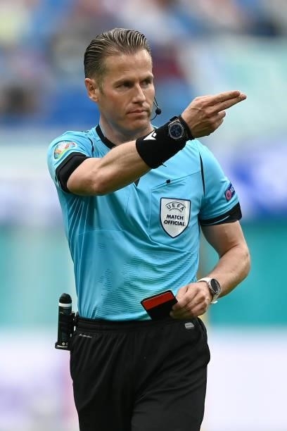 Match Referee, Danny Makkelie reacts during the UEFA Euro 2020 Championship Group B match between Finland and Russia at Saint Petersburg Stadium on...