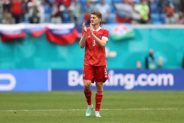 Igor Diveev of Russia applauds the fans following victory in the UEFA Euro 2020 Championship Group B match between Finland and Russia at Saint...