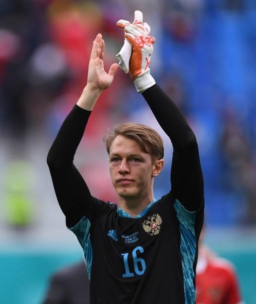 Matvei Safonov of Russia applauds the fans following victory in the UEFA Euro 2020 Championship Group B match between Finland and Russia at Saint...