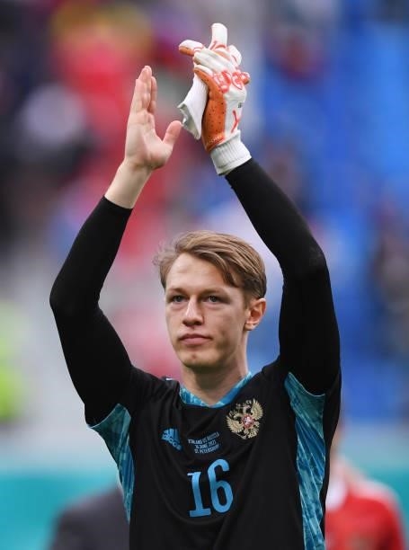 Matvei Safonov of Russia applauds the fans following victory in the UEFA Euro 2020 Championship Group B match between Finland and Russia at Saint...
