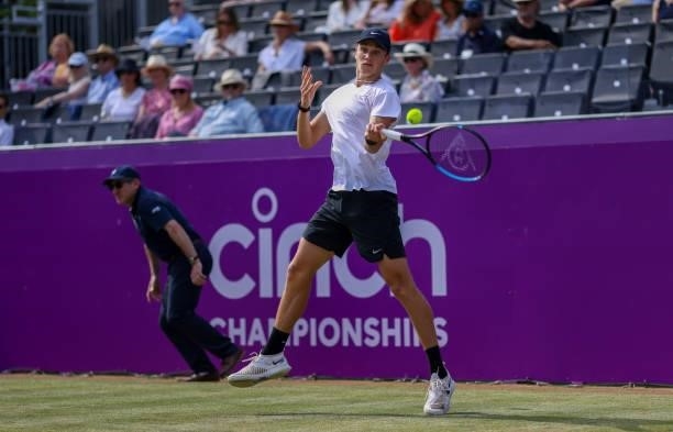 Jack Draper of Great Britain plays a forehand during his Round of 16 match against Alexander Bublik of Kazakhstani during Day 3 of The cinch...