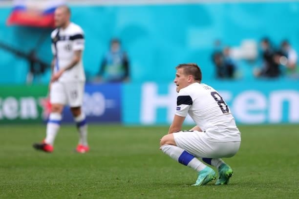 Robin Lod of Finland looks dejected following defeat in the UEFA Euro 2020 Championship Group B match between Finland and Russia at Saint Petersburg...