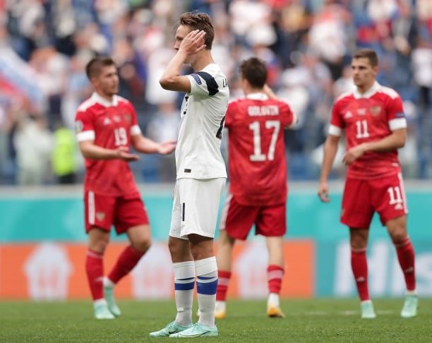 Lassi Lappalainen of Finland looks dejected following defeat in the UEFA Euro 2020 Championship Group B match between Finland and Russia at Saint...